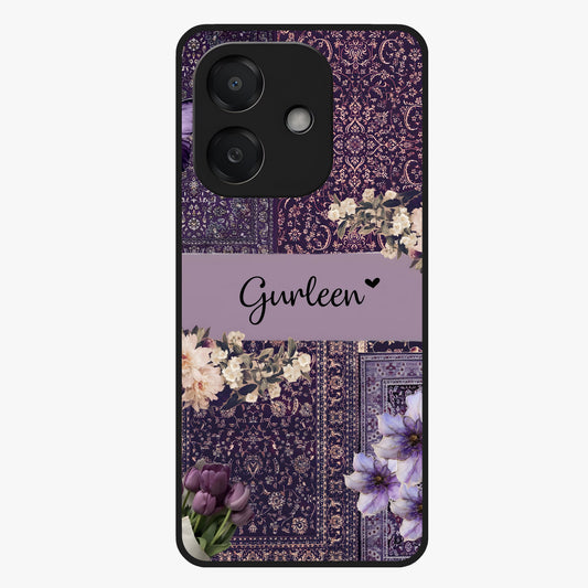 Antique Floral Whisper Custom Name Glass Case showing flat back view with vintage floral artwork and personalized name design.