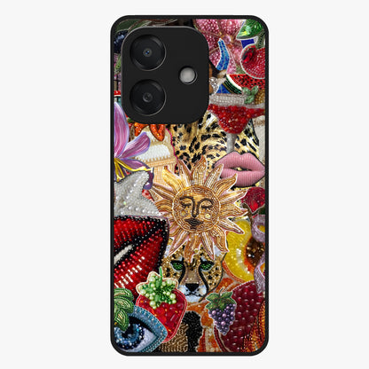 Beaded Fashion Jungle Glass Case showing flat back view with vibrant jungle inspired bead artwork and glossy glass finish.