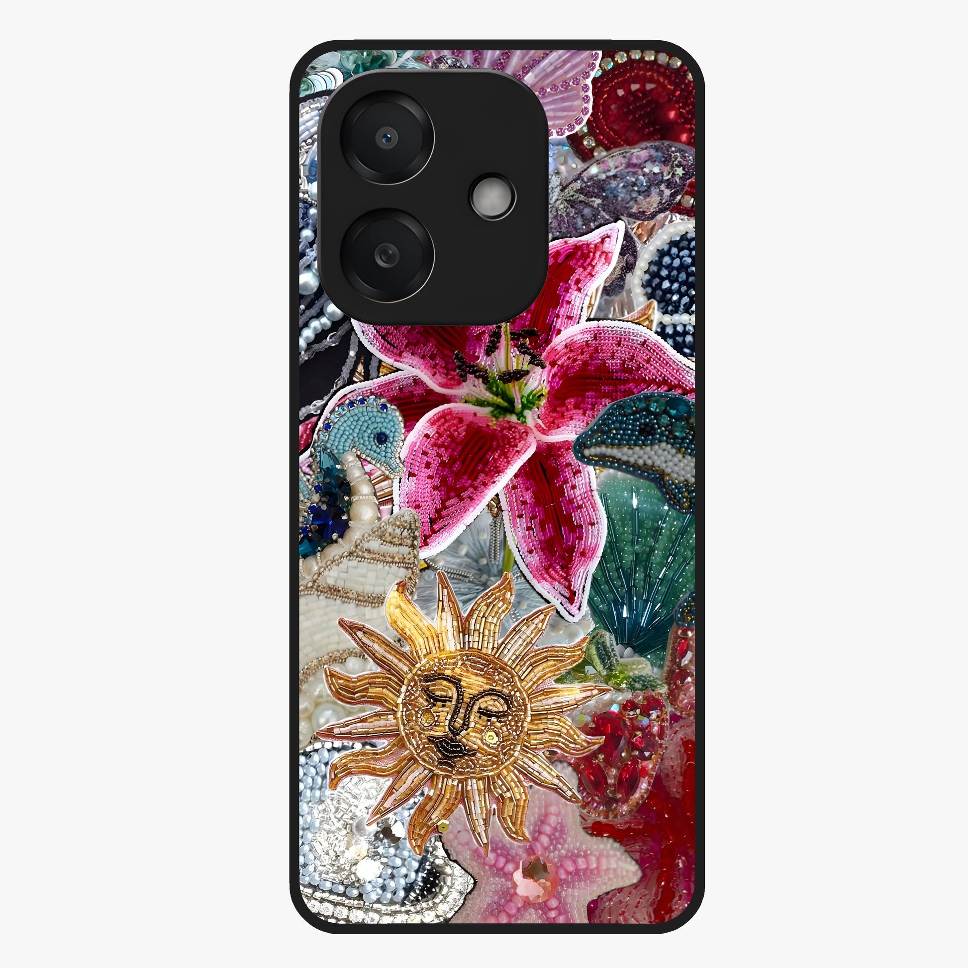 Beaded Garden Fantasy Glass Case showing flat back view with dreamy garden bead artwork and glossy glass finish.