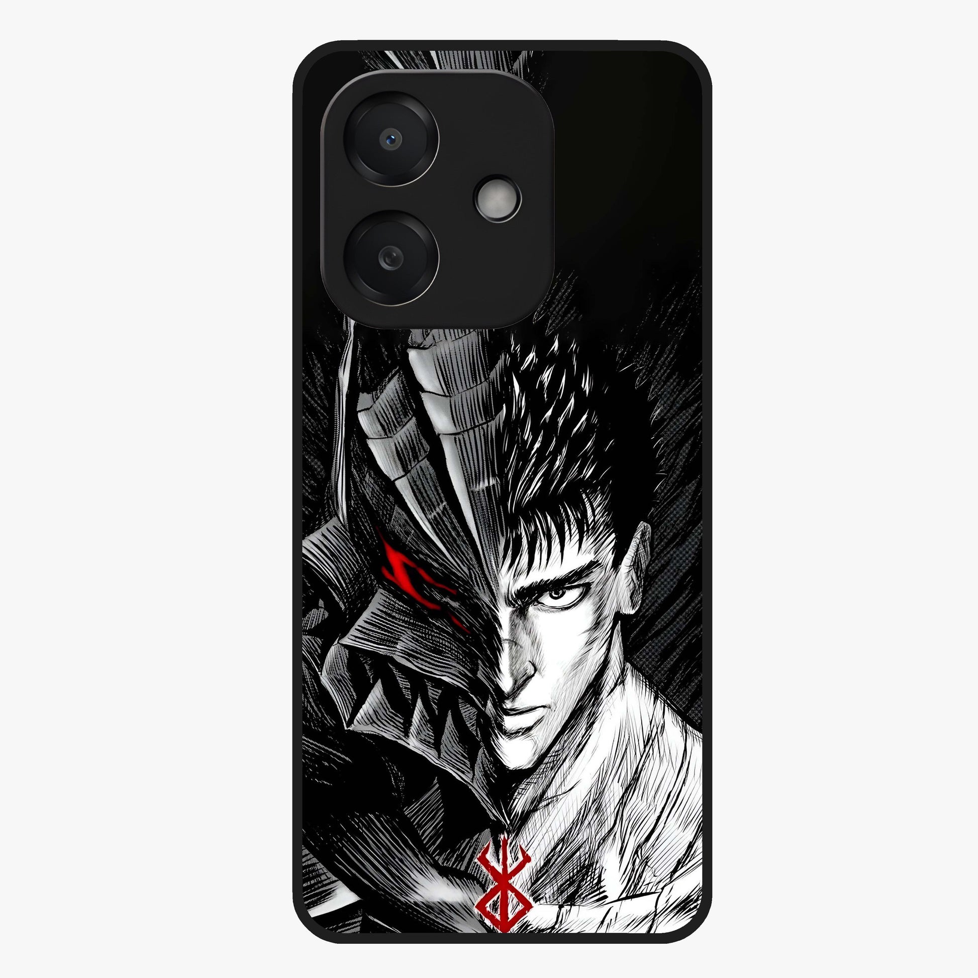 Berserker Blood Oath Glass Case showing flat back view with fierce warrior inspired artwork and glossy glass finish.