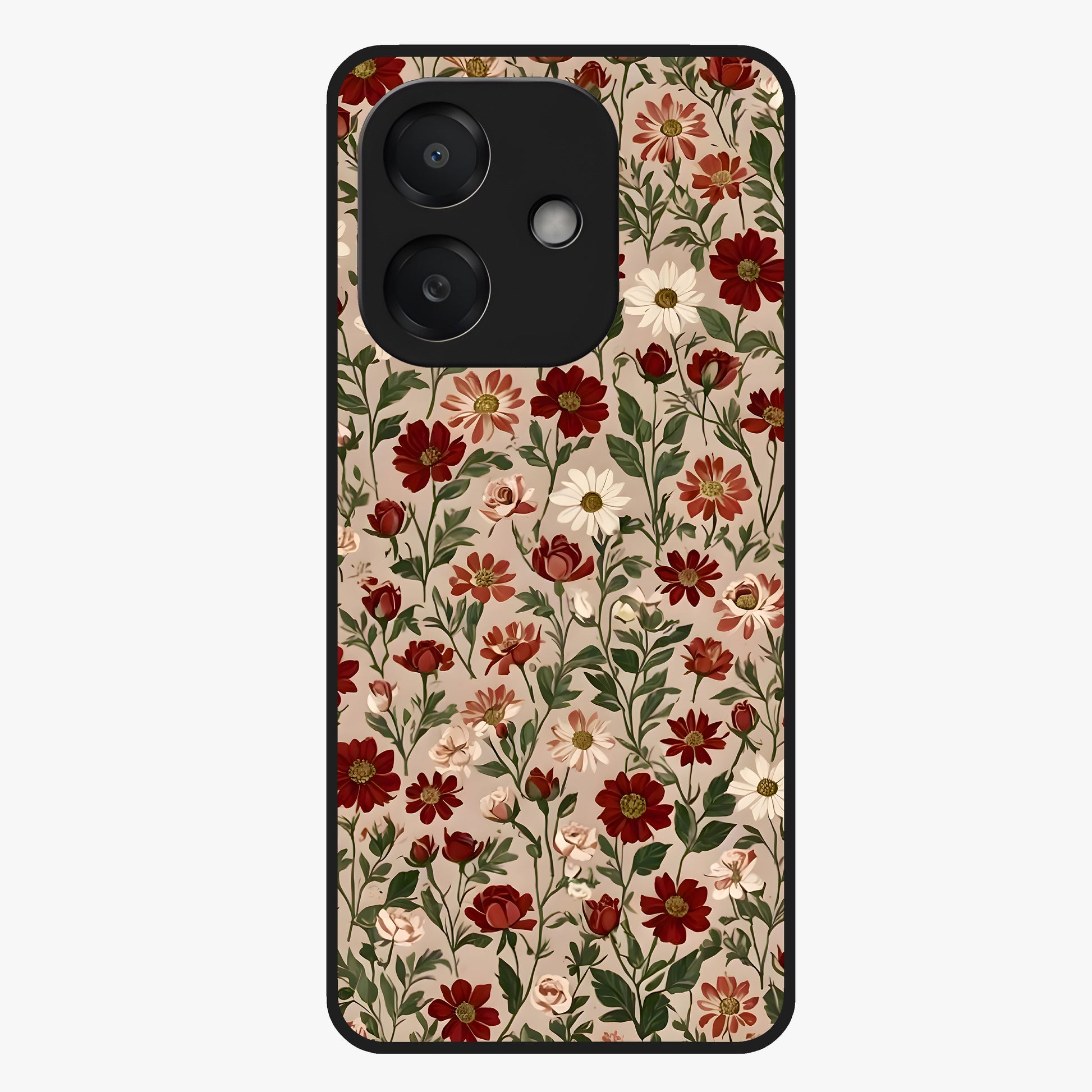 Biege Flower With Leaf Glass Case showing flat back view with soft beige floral artwork and glossy glass finish.