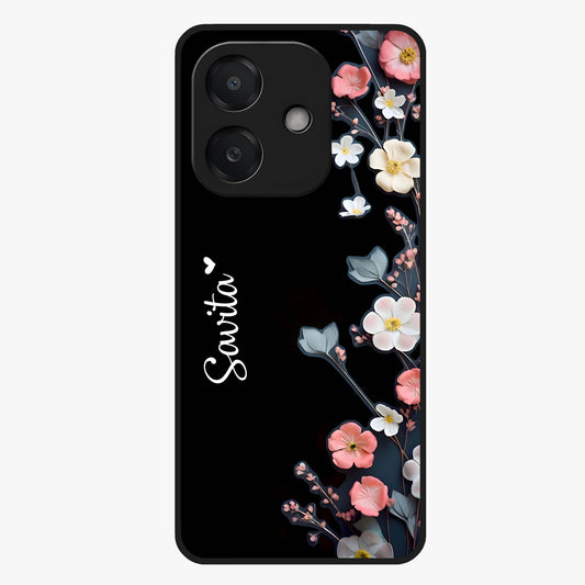Black Elegance Floral Custom Name Glass Case showing flat back view with elegant floral artwork and personalized name design.
