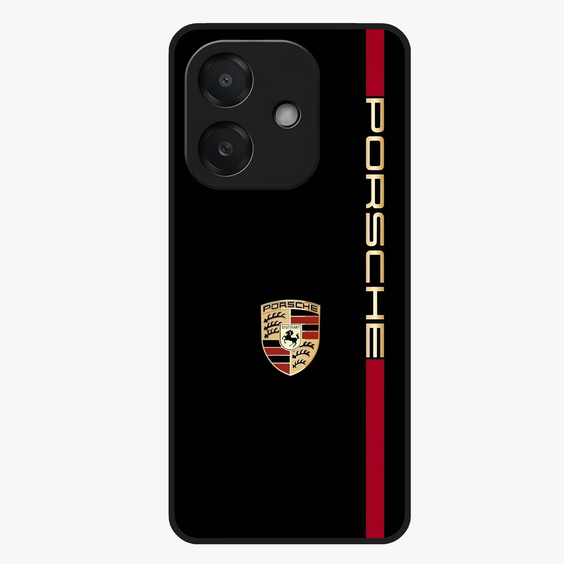 Black Minimal Porsche Glass Case showing flat back view with sleek minimal sports car artwork and glossy glass finish.