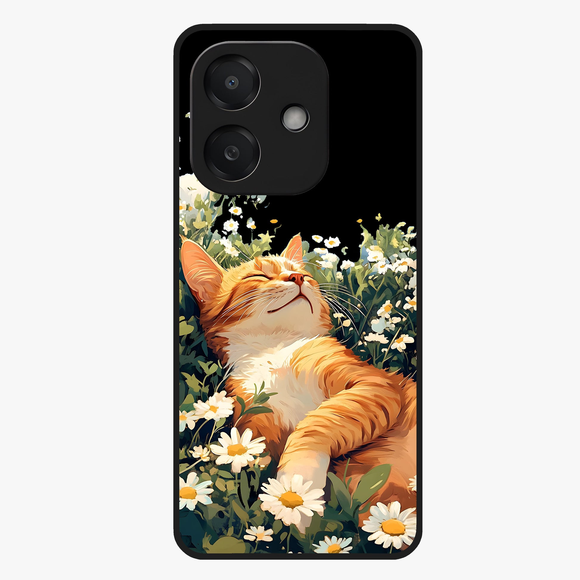 Blissful Bloom Cat Glass Case showing flat back view with cute cat and floral bloom artwork and glossy glass finish.