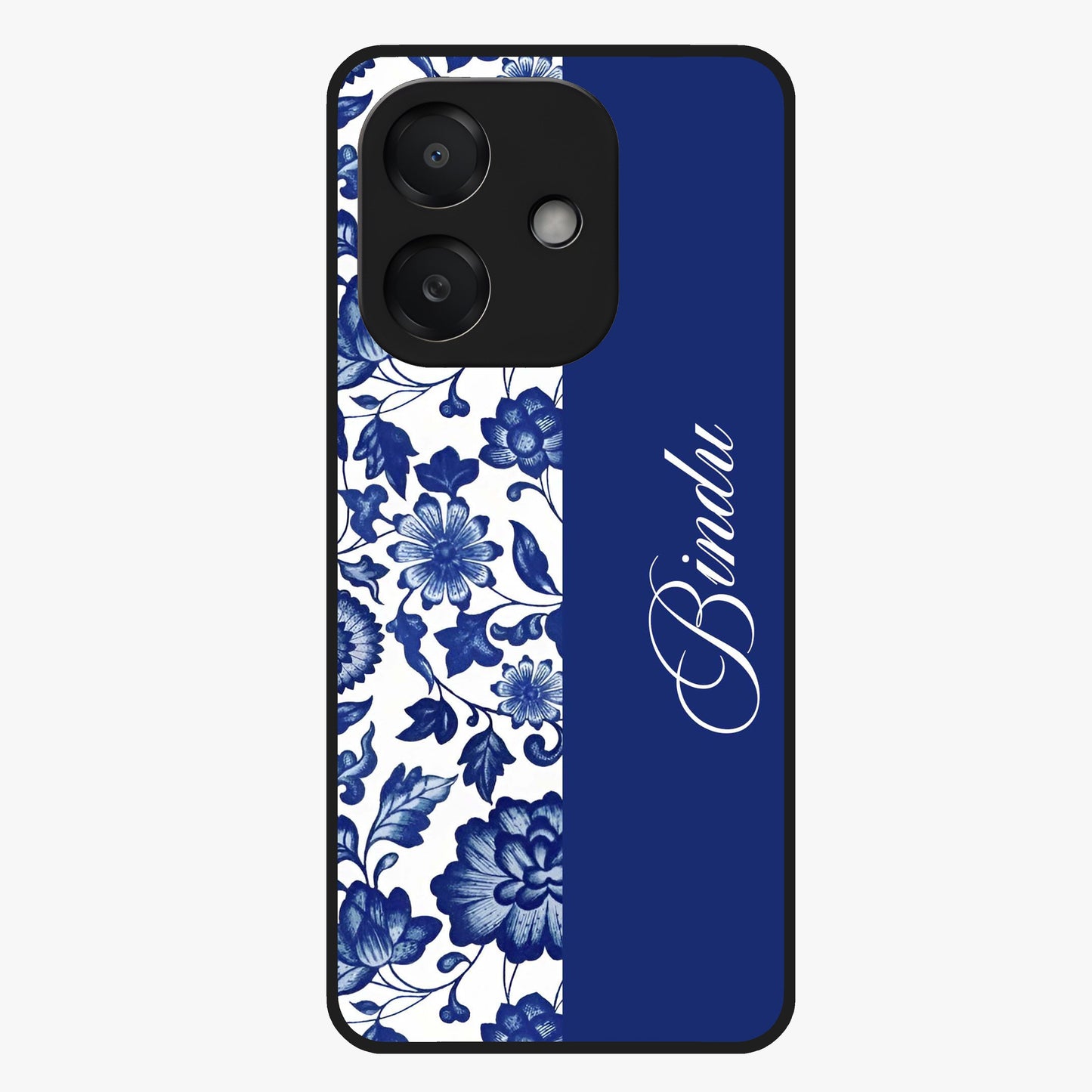Blue Vintage Floral Pattern Glass Case upright view showcasing timeless floral illustration with vintage inspired style.