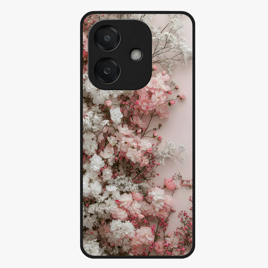 Blush Blossom Cloud Glass Case showing flat back view with dreamy blush cloud blossom artwork and glossy glass finish.