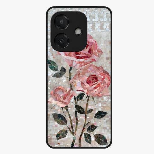 Blush Mosaic Bloom Glass Case showing flat back view with mosaic floral bloom artwork and glossy glass finish.