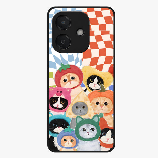 Cats in Fruits Glass Case showing flat back view with playful cat illustrations inside fruit artwork and glossy glass finish.