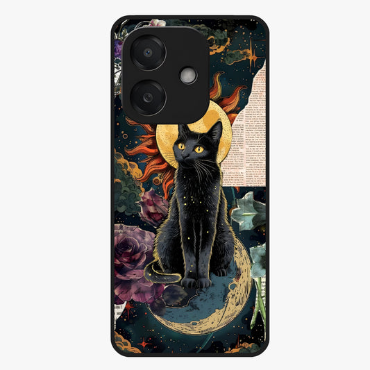 Celestial Black Cat Glass Case showing flat back view with mystical black cat artwork and glossy glass finish.