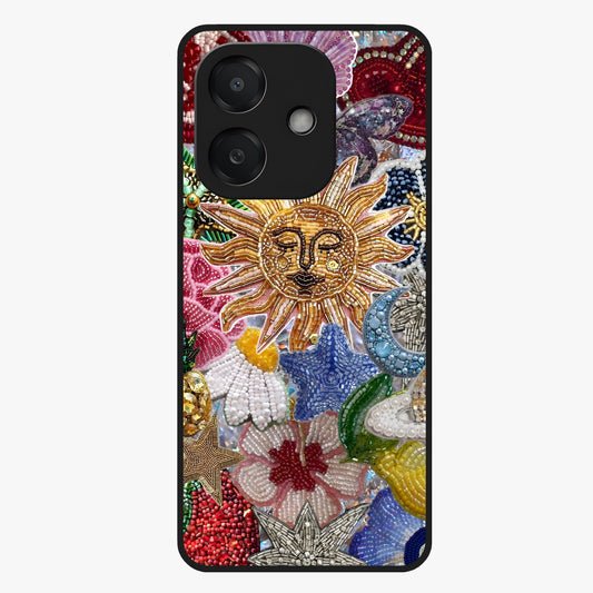Celestial Floral and Playful Glass Case showing flat back view with floral and celestial themed artwork and glossy glass finish.
