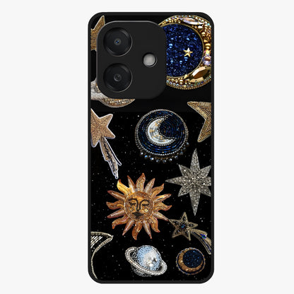 Celestial Gem Constellations Glass Case showing flat back view with sparkling constellation artwork and glossy glass finish.