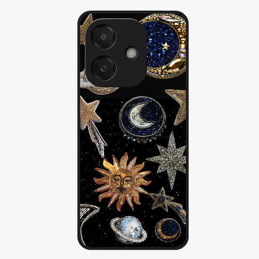 Celestial Gem Constellations Glass Case showing flat back view with sparkling constellation artwork and glossy glass finish.
