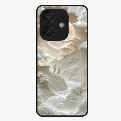 Celestial Origami Glass Case showing flat back view with artistic origami inspired celestial artwork and glossy glass finish.