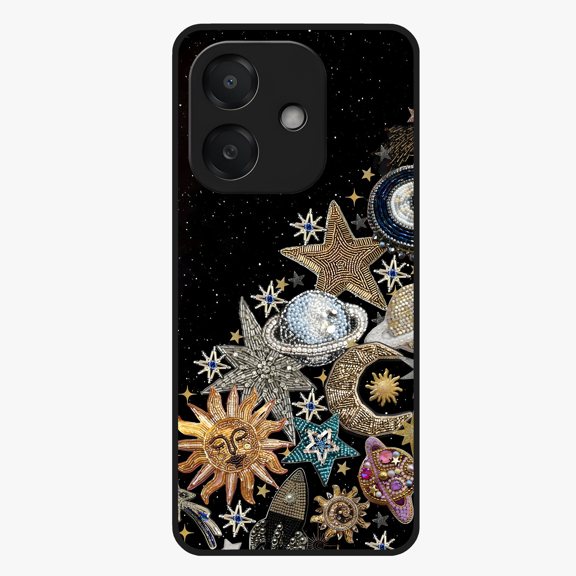 Cosmic Sparkle Dreams Glass Case showing flat back view with sparkling cosmic artwork and glossy glass finish.