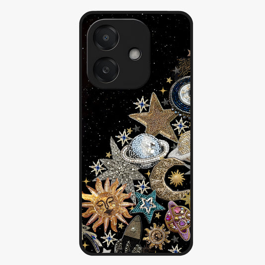 Cosmic Sparkle Dreams Glass Case showing flat back view with sparkling cosmic artwork and glossy glass finish.