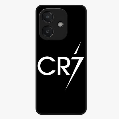 Cr7 Elite Strike Glass Case showing flat back view with dynamic football inspired artwork and glossy glass finish.