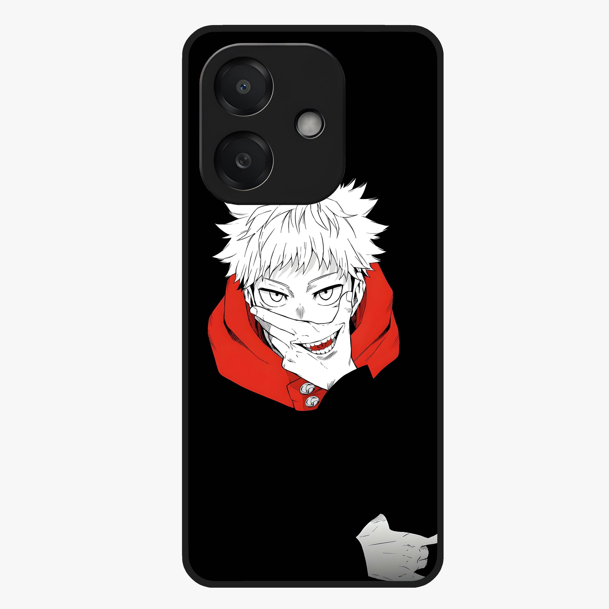 Crimson Chaos Smile Glass Case showing flat back view with bold chaotic smile artwork and glossy glass finish.