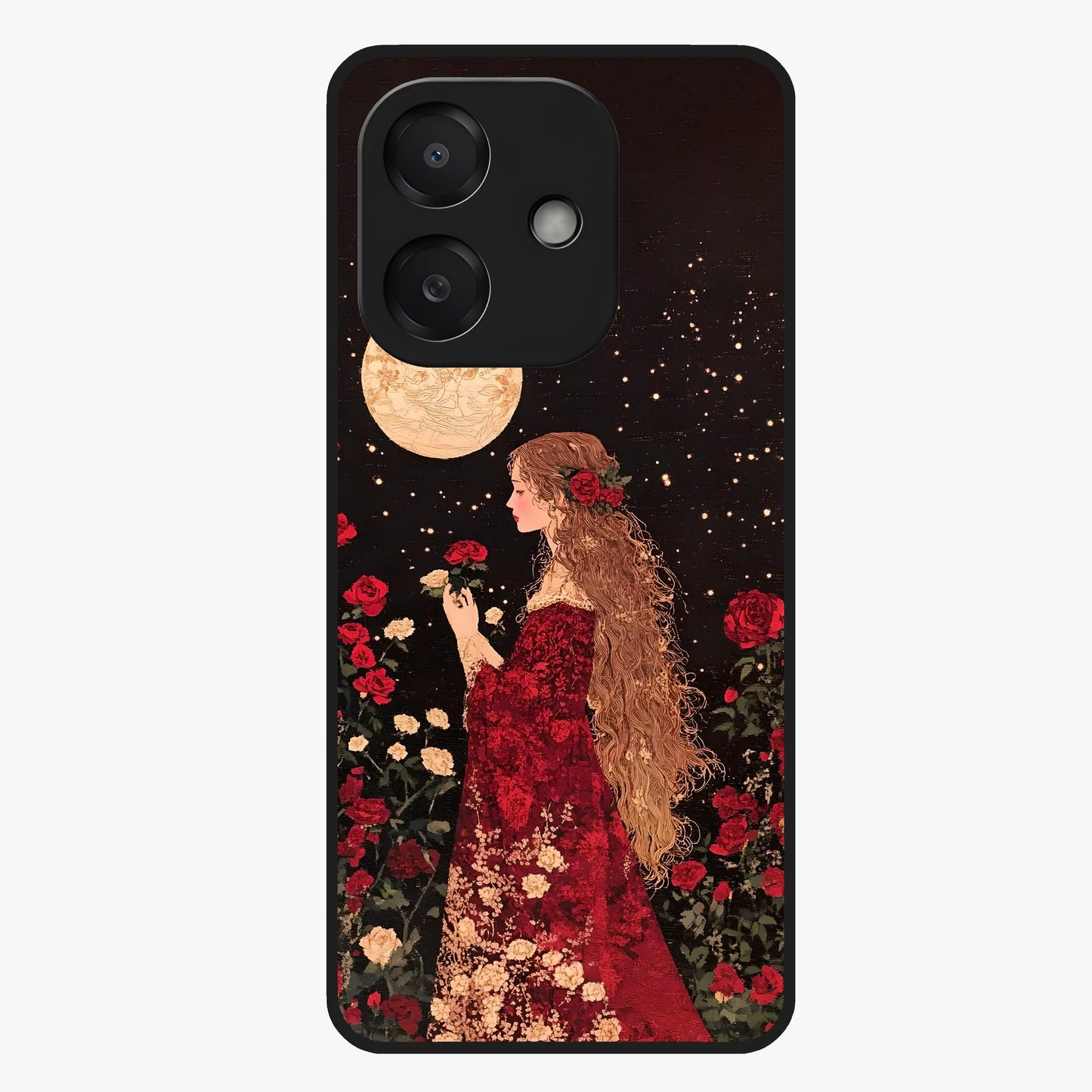 Crimson Dreams Glass Case showing flat back view with dreamy crimson artwork and glossy glass finish.