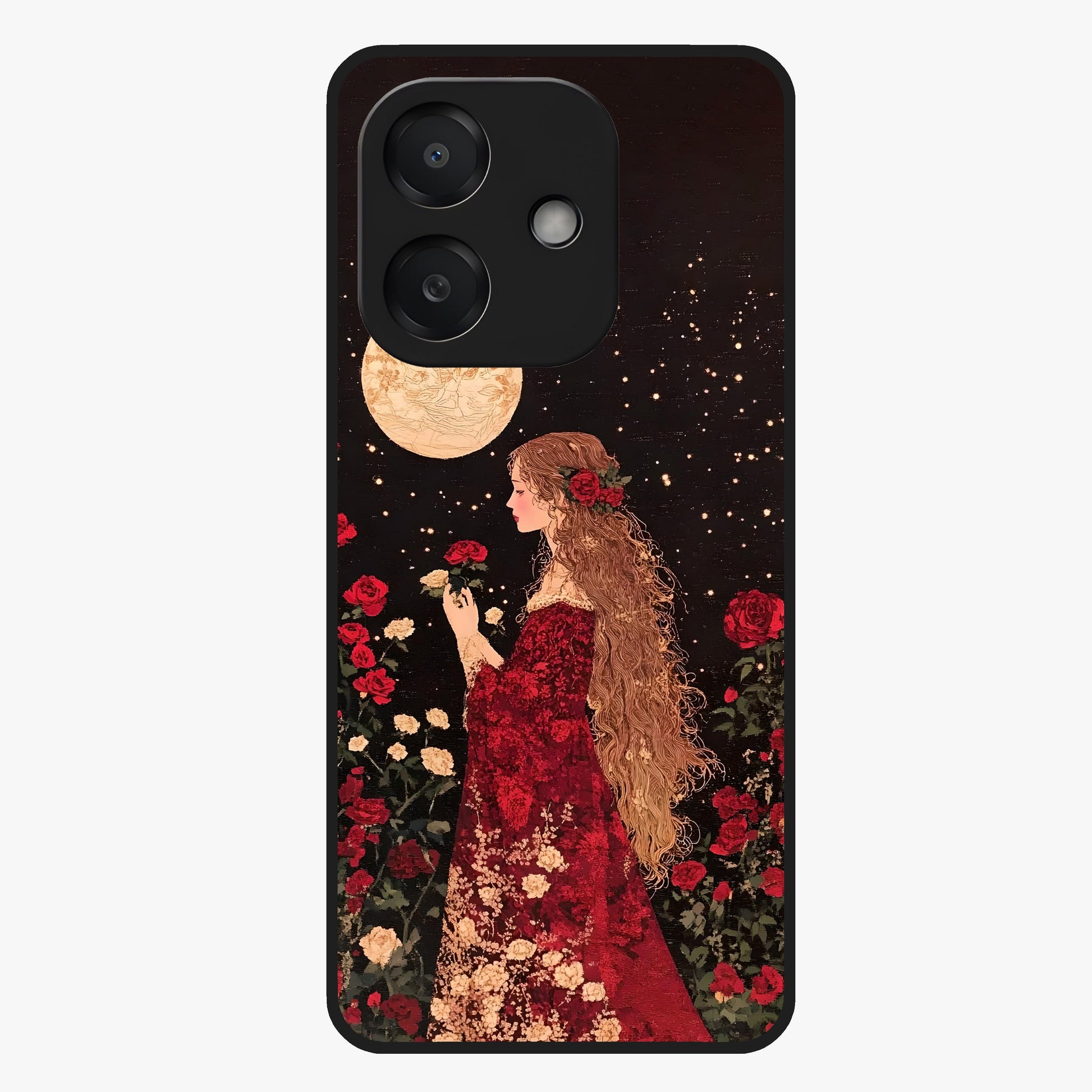 Crimson Dreams Glass Case showing flat back view with dreamy crimson artwork and glossy glass finish.