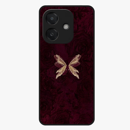 Crimson Fade Butterfly Glass Case showing flat back view with fading butterfly artwork and glossy glass finish.