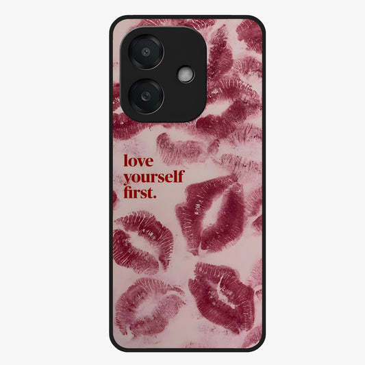 Crimson Kiss Love Glass Case showing flat back view with romantic crimson themed artwork and glossy glass finish.