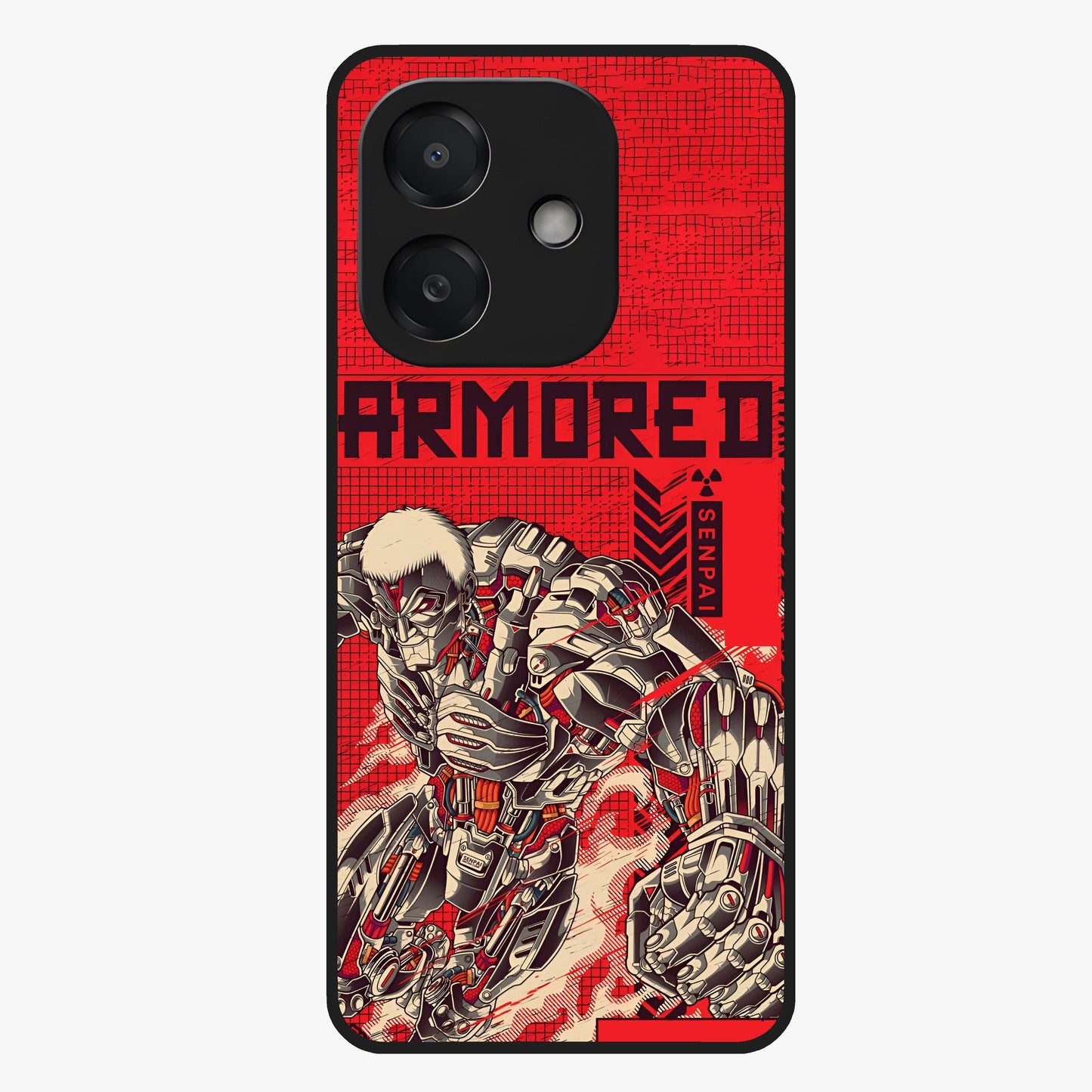 Crimson Mecha Titan Glass Case showing flat back view with powerful mech titan artwork and glossy glass finish.
