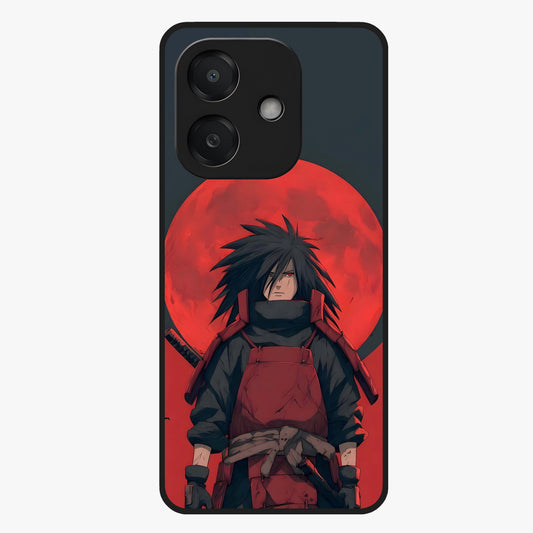 Crimson Moon Warlord Glass Case showing flat back view with mystical moon warrior artwork and glossy glass finish.