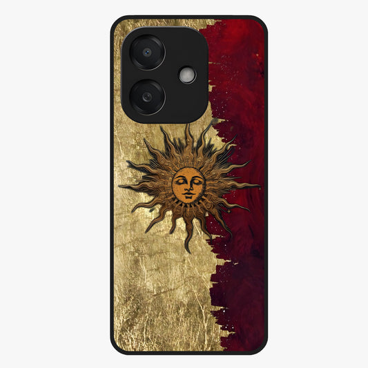 Crimson Sun Majesty Glass Case showing flat back view with radiant sun inspired artwork and glossy glass finish.