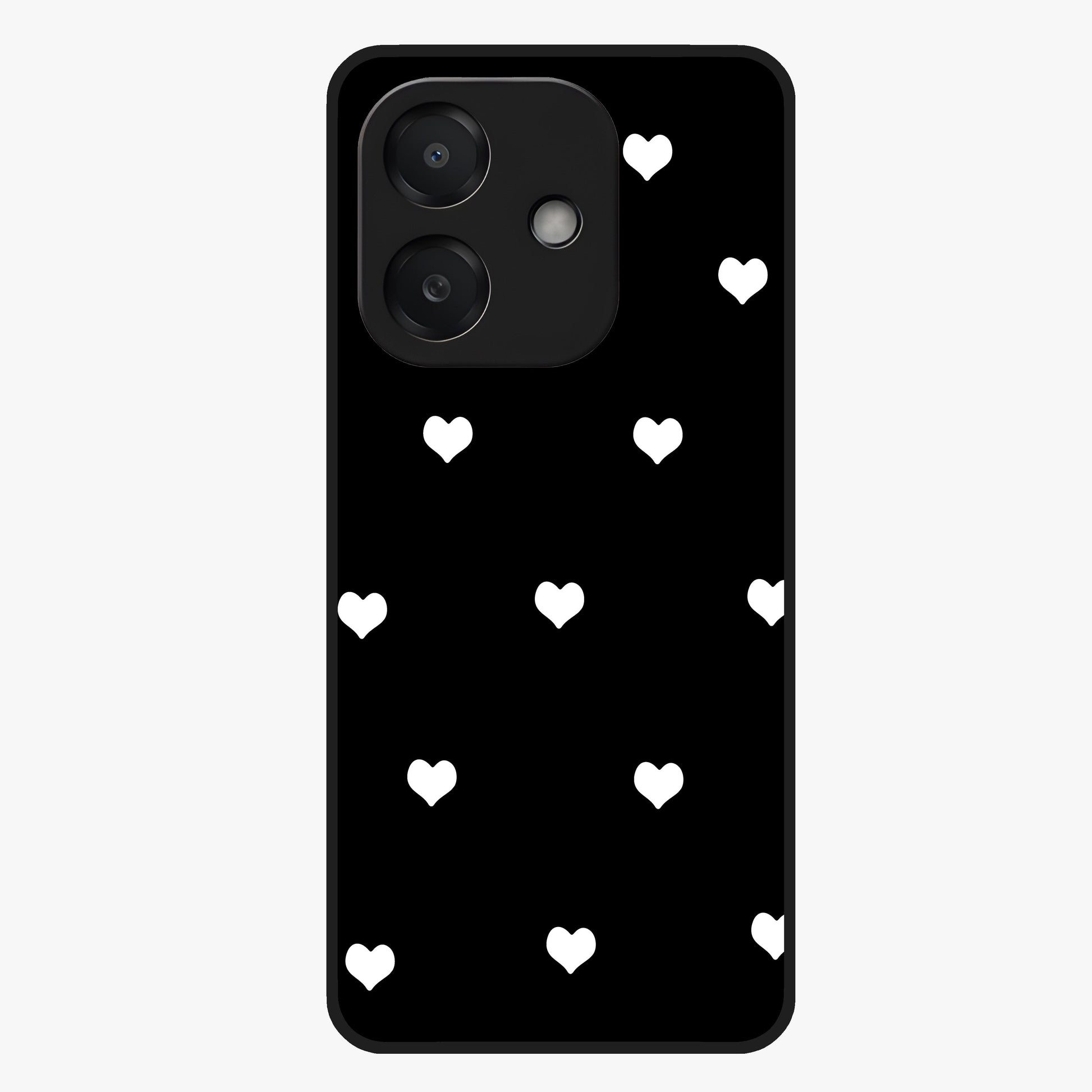 Cute And Simple White Hearts Glass Case showing flat back view with minimal white heart pattern and glossy glass finish.