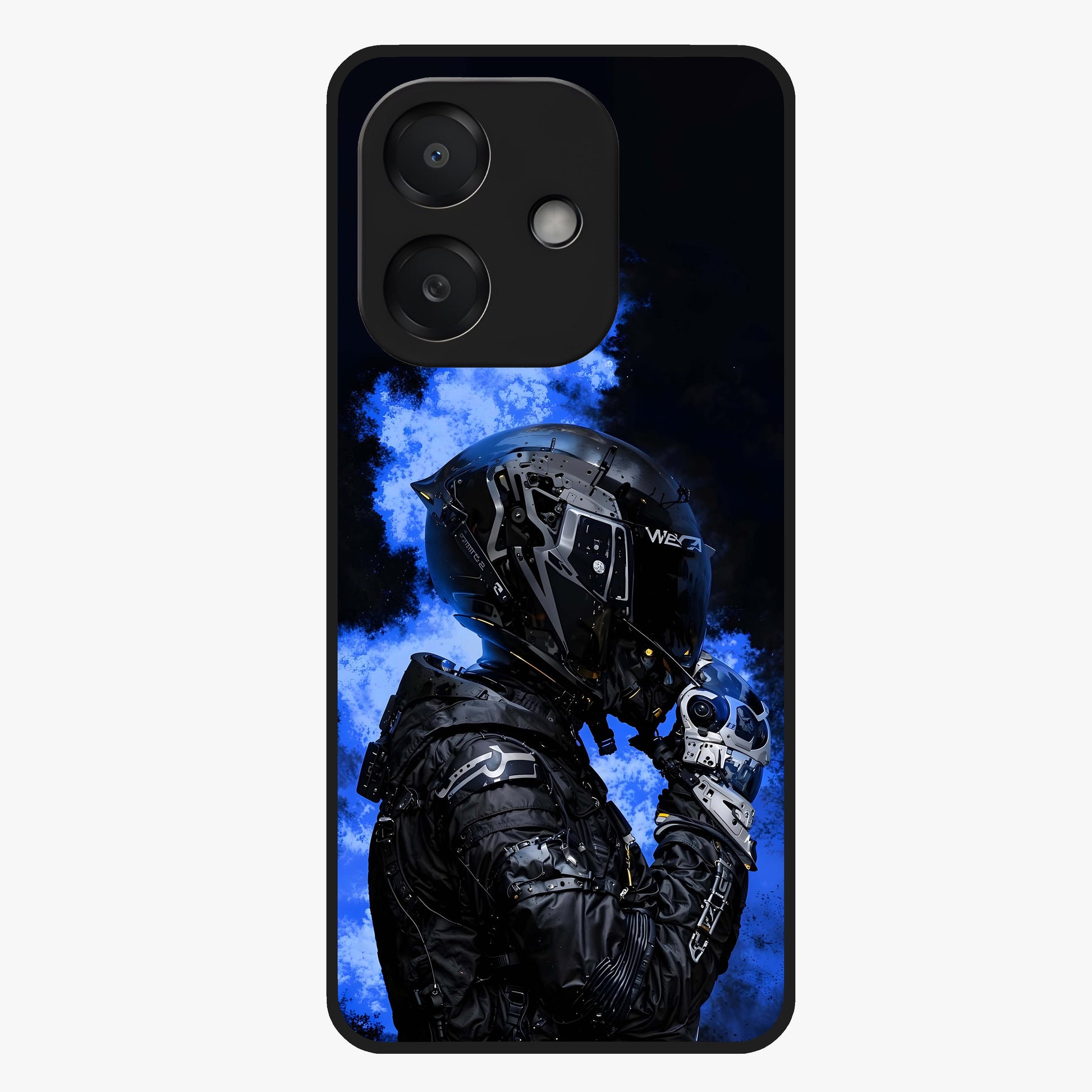 Cyber Sentinel Protocol Glass Case showing flat back view with futuristic cyber themed artwork and glossy glass finish.