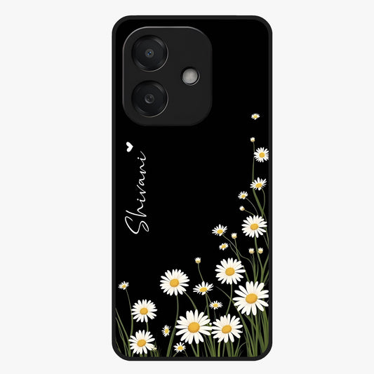 Daisy Cascade Custom Name Glass Case showing flat back view with cascading daisy flowers and personalized name design.