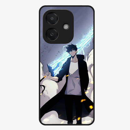 Dark Lightning Anime Warrior Glass Case showing flat back view with intense anime warrior artwork and glossy glass finish.