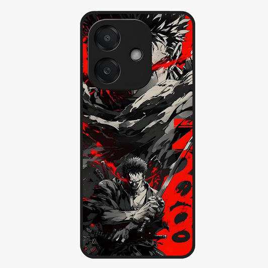 Demon Sword Resolve Glass Case showing flat back view with fierce sword warrior artwork and glossy glass finish.