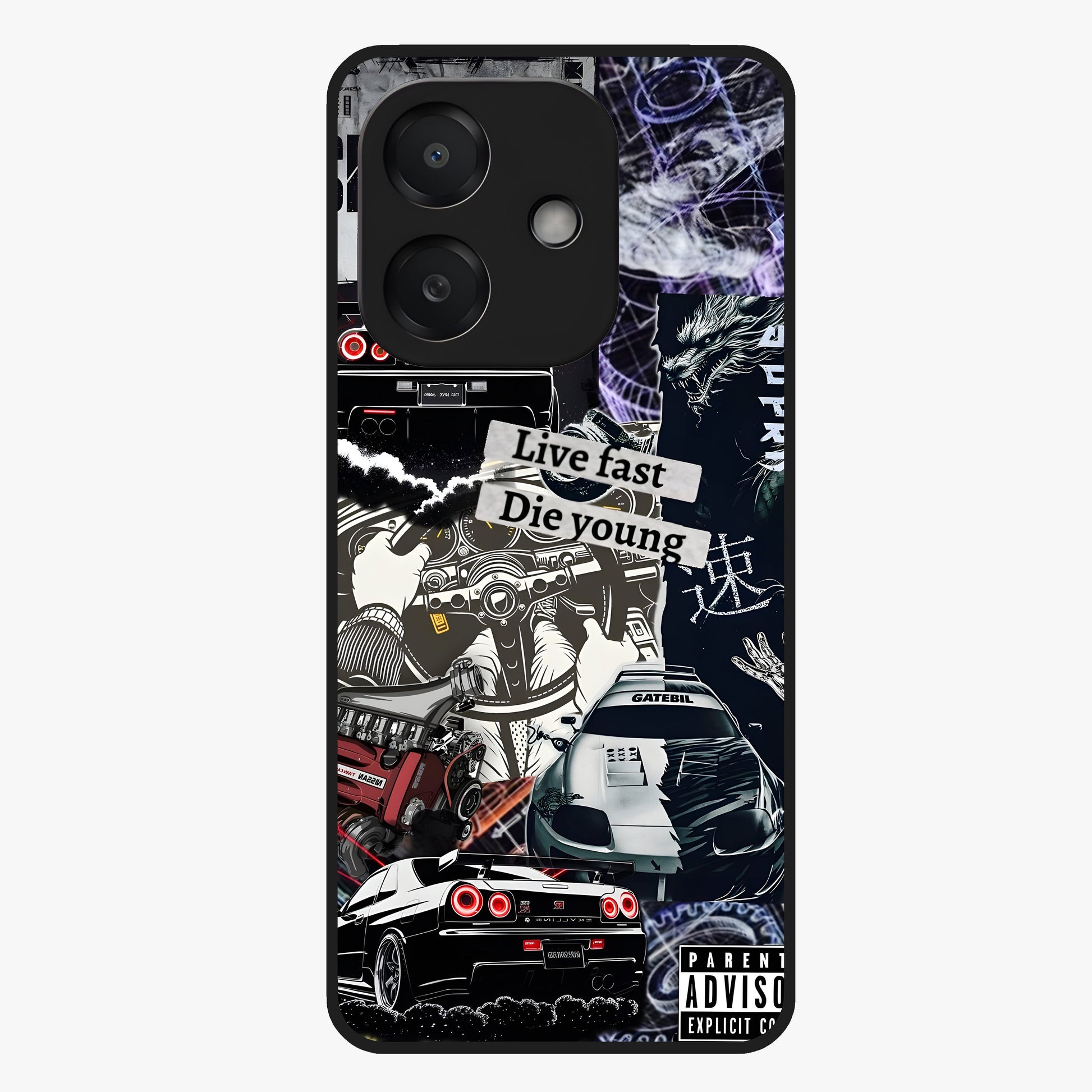 Die Young Glass Case showing flat back view with bold artistic typography design and glossy glass finish.