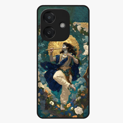Divine Krishna Art Glass Case showing flat back view with Lord Krishna artwork and glossy glass finish.