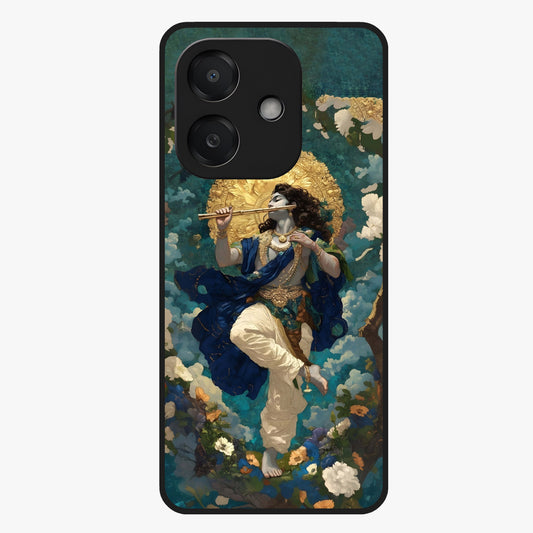 Divine Krishna Art Glass Case showing flat back view with Lord Krishna artwork and glossy glass finish.