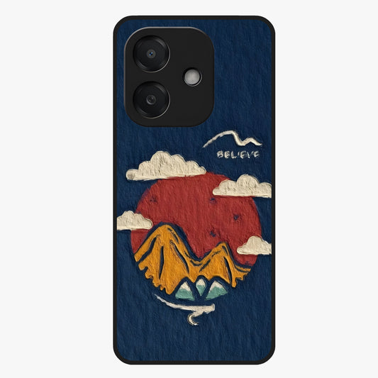 Dream Beyond Mountains Glass Case showing flat back view with scenic mountain landscape artwork and glossy glass finish.