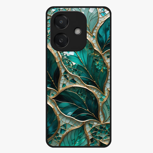 Emerald Leaf Glass Glass Case showing flat back view with emerald green leaf artwork and glossy glass finish.