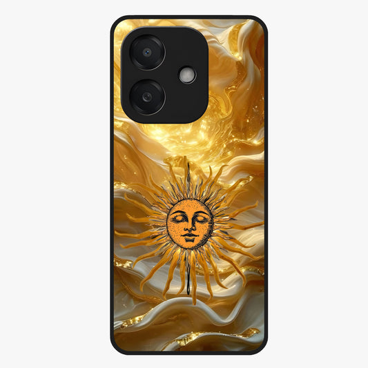 Eternal Golden Glow Glass Case showing flat back view with radiant golden themed artwork and glossy glass finish.