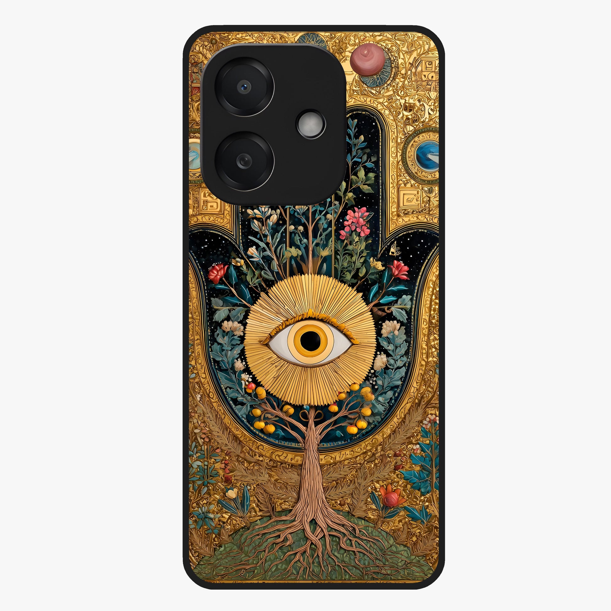 Ethereal Evil Eye Glass Case showing flat back view with mystical evil eye artwork and glossy glass finish.