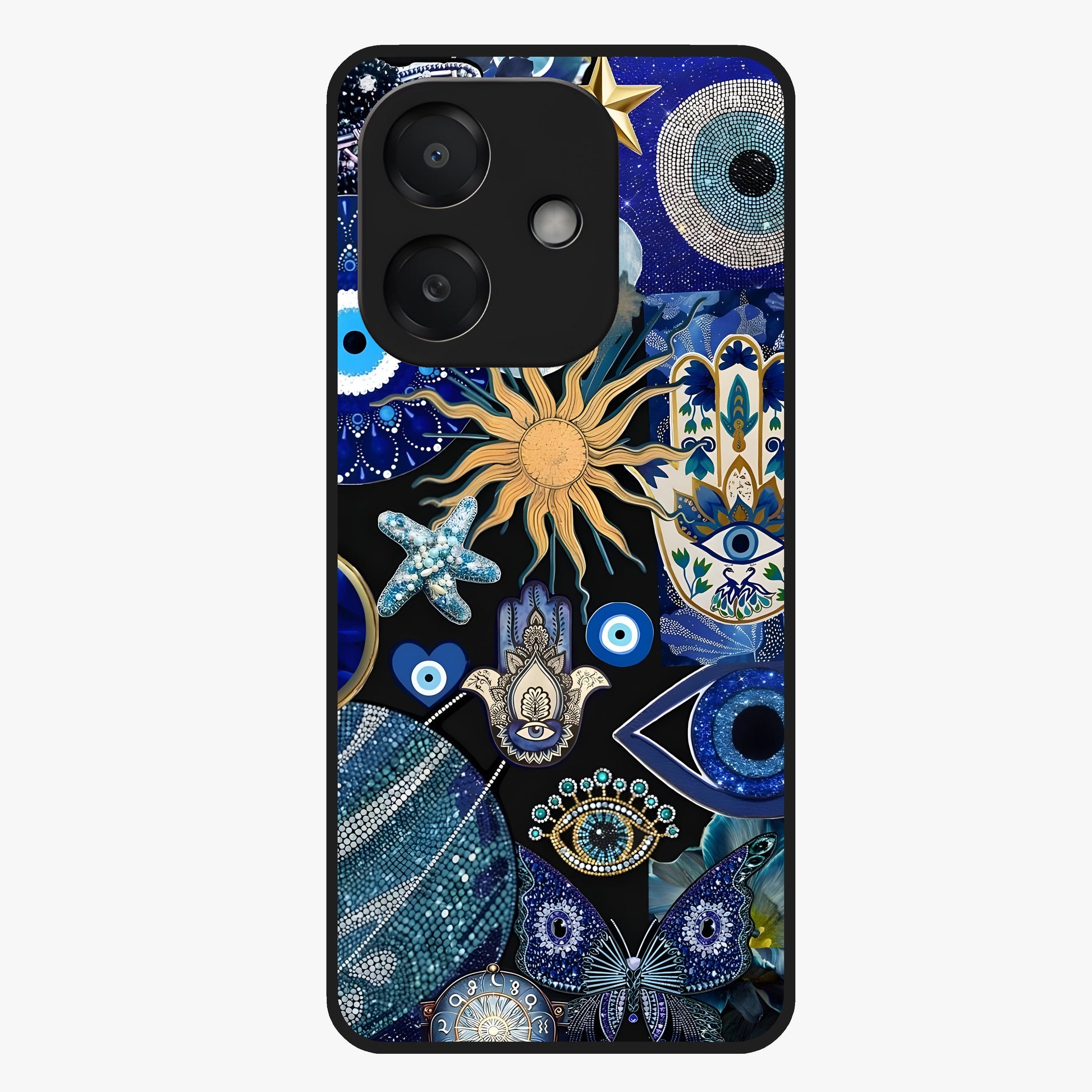 Evil Eye Charm Mix Glass Case showing flat back view with multiple evil eye charms artwork and glossy glass finish.