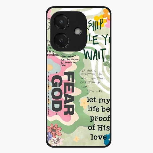 Faith Over Fear Glass Case showing flat back view with motivational typography artwork and glossy glass finish.