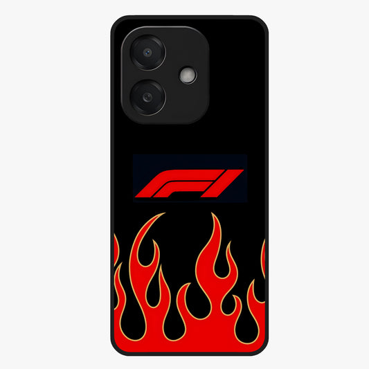 Fire F11 Glass Case showing flat back view with fiery themed artwork and glossy glass finish.