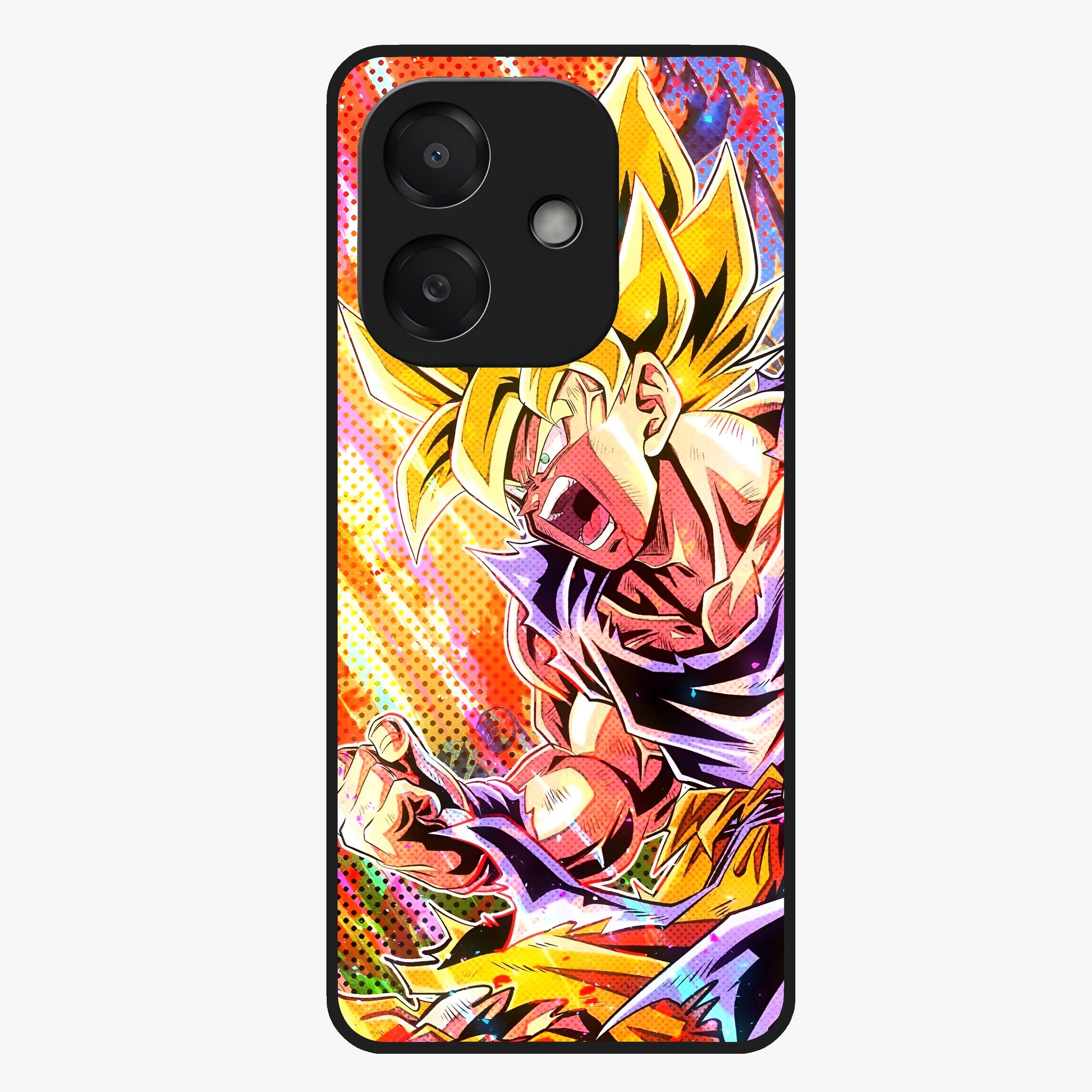 Firing Goku Glass Case showing flat back view with powerful anime inspired artwork and glossy glass finish.