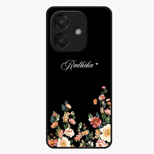 Floral Design With a Custom Personalized Name Glass Case showing flat back view with floral artwork and personalized name design.
