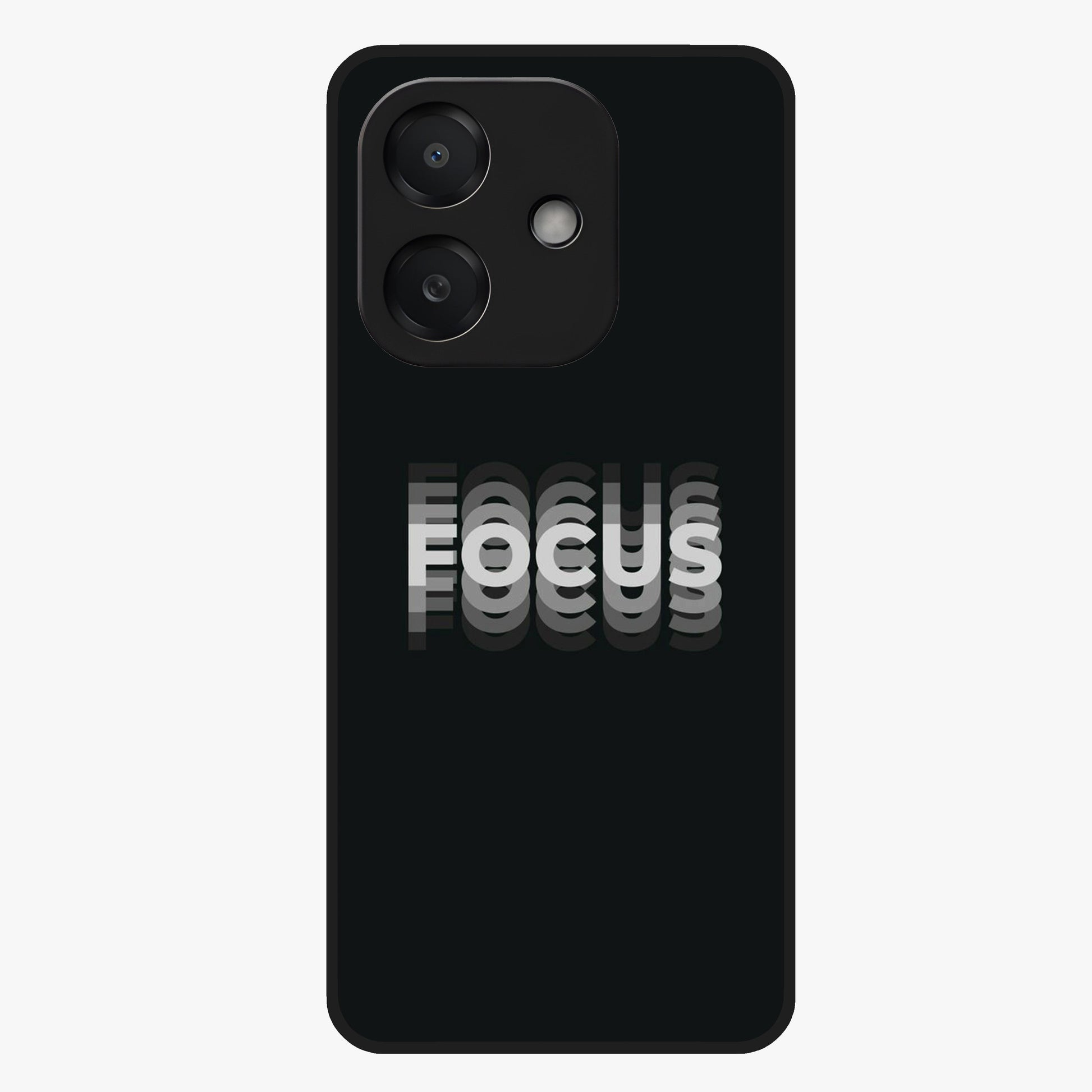 Focus Mode On Glass Case showing flat back view with bold motivational typography design and glossy glass finish.