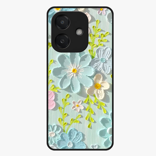 Frosted Petal Garden Glass Case showing flat back view with soft frosted floral artwork and glossy glass finish.