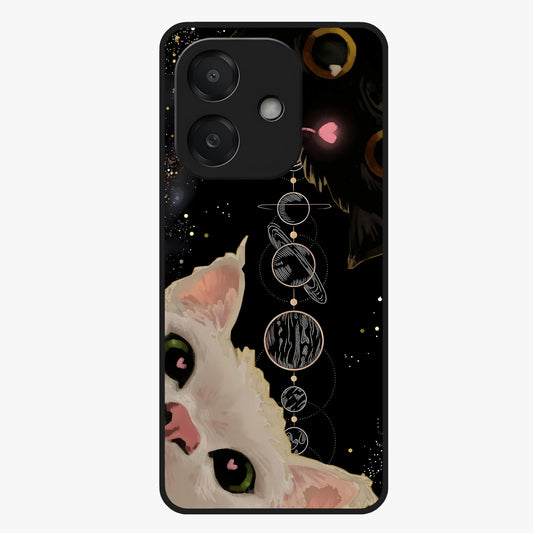 Galactic Cat Glass Case showing flat back view with cosmic cat artwork and glossy glass finish.
