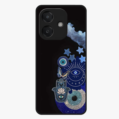 Galactic Charm Cluster Glass Case showing flat back view with glowing celestial charm artwork and glossy glass finish.