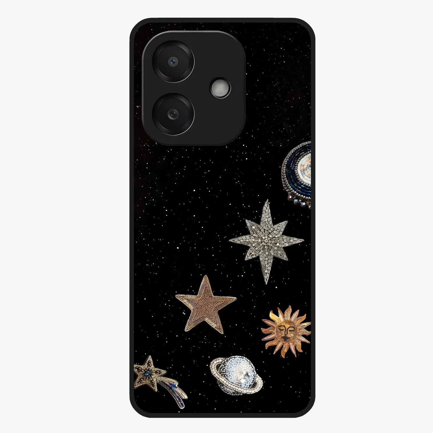 Galactic Charm Glow Glass Case showing flat back view with glowing celestial charm artwork and glossy glass finish.